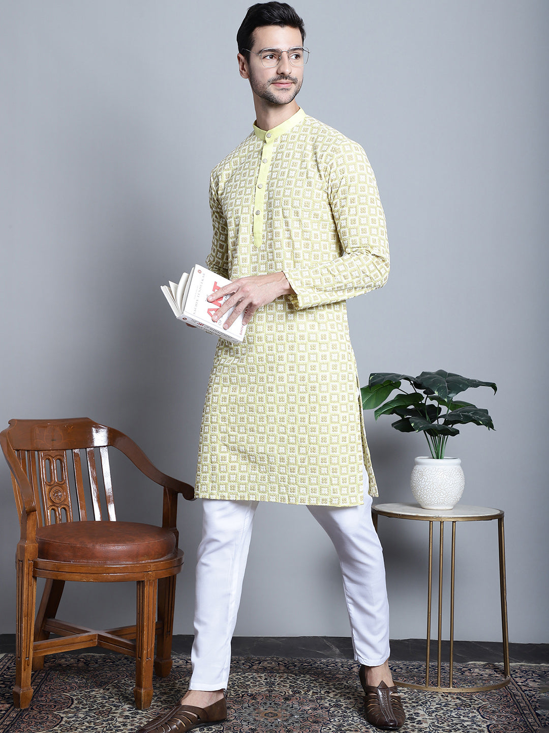 Jompers Men's Yellow Embroidered Kurta with Pyjama - Distacart