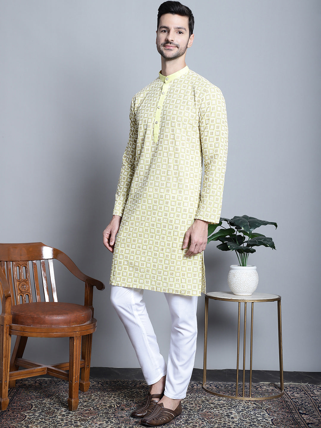 Jompers Men's Yellow Embroidered Kurta with Pyjama - Distacart