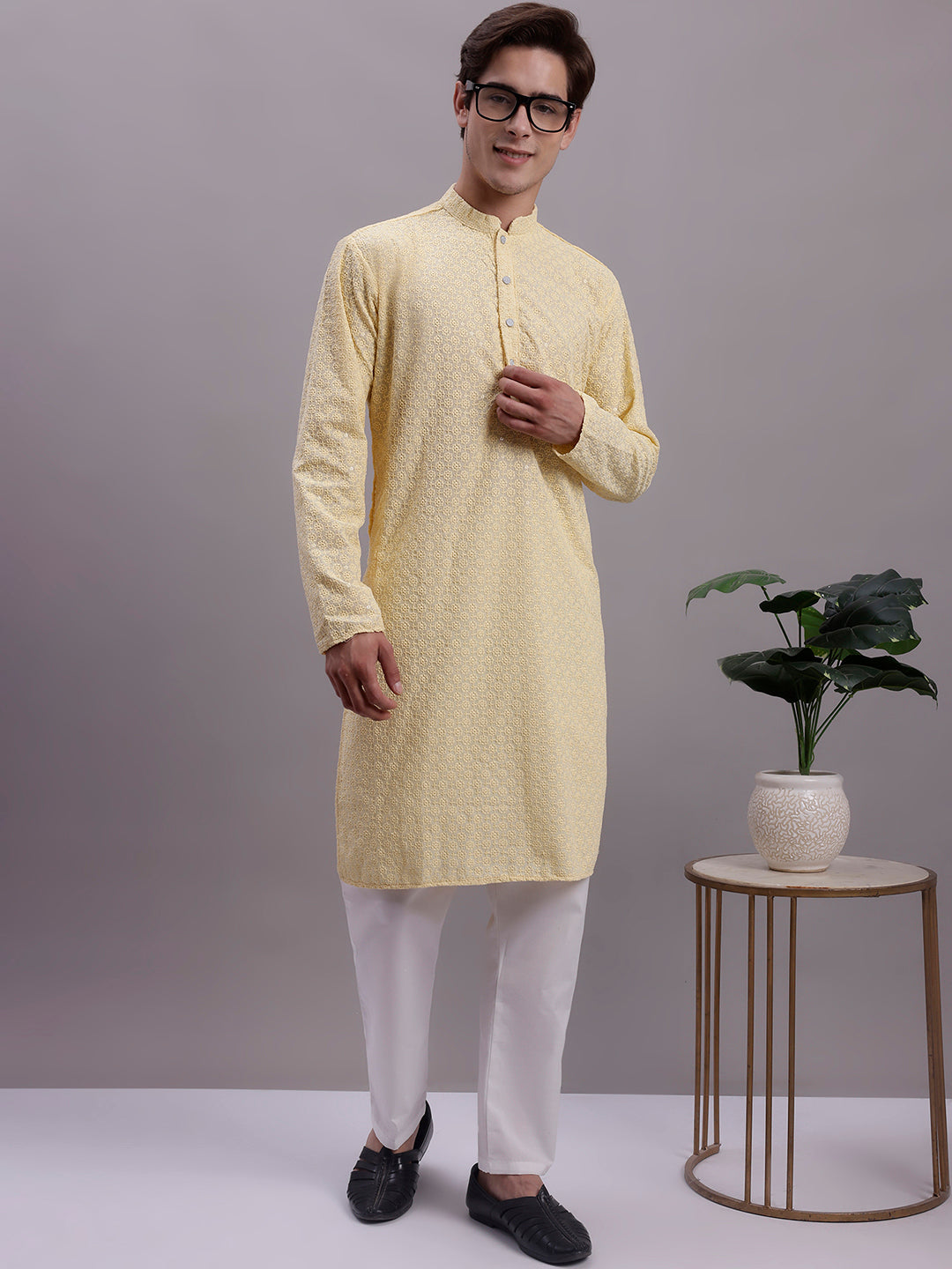 Jompers Men's Yellow Chikankari Embroidered and Sequence Kurta with Pyjama - Distacart