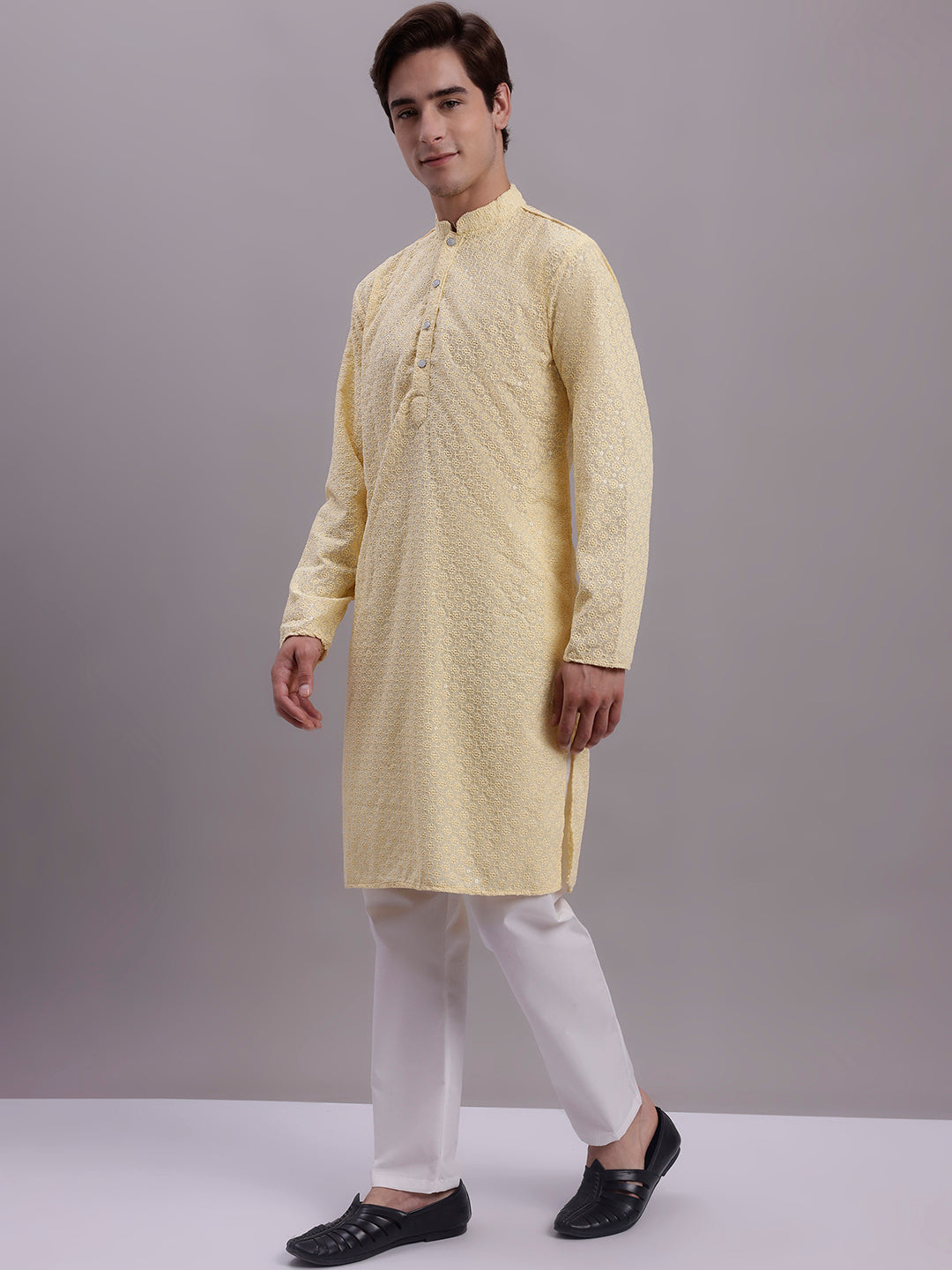 Jompers Men's Yellow Chikankari Embroidered and Sequence Kurta with Pyjama - Distacart