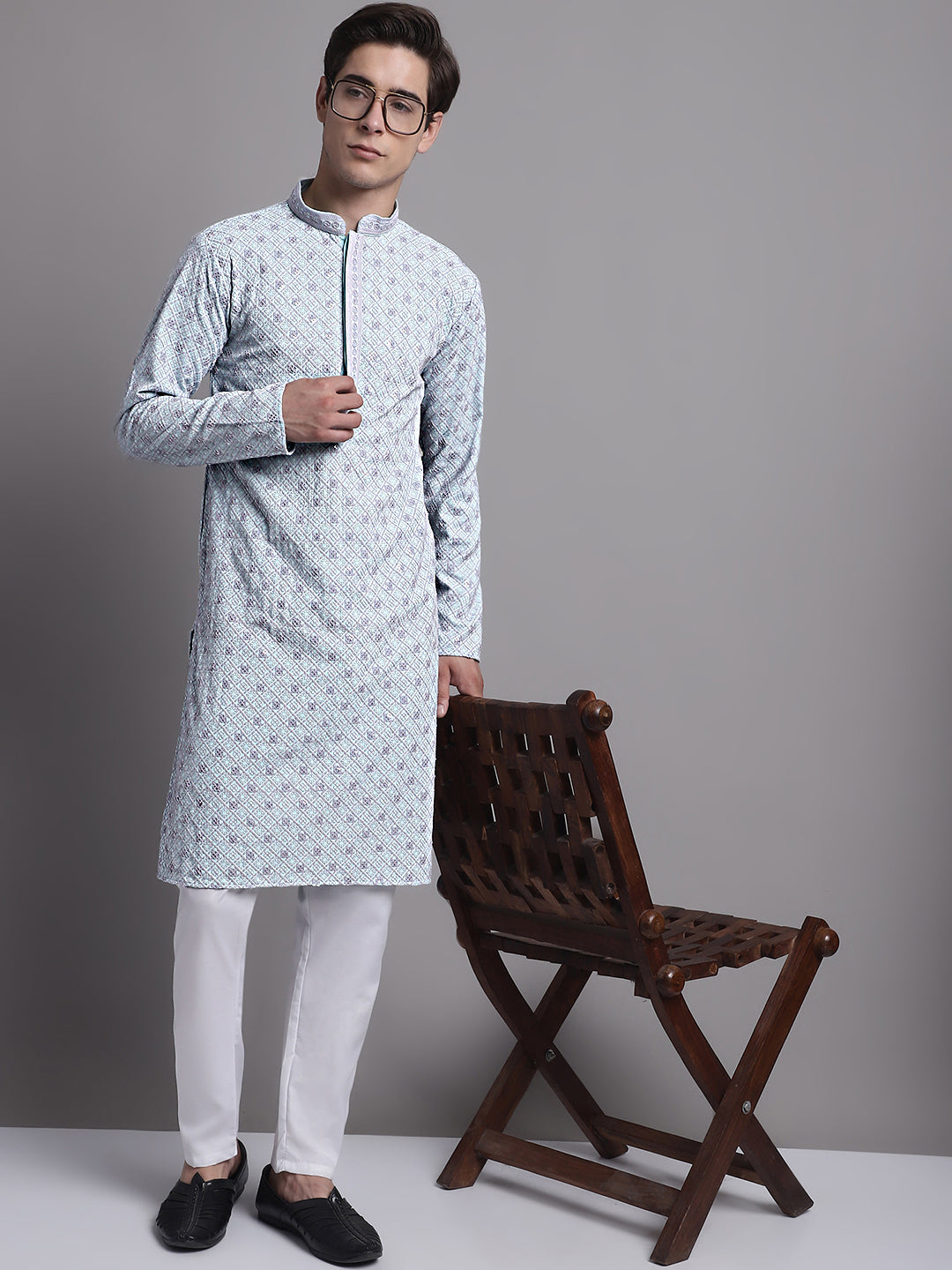 Jompers Men's Blue Chikankari Embroidered and Sequence Kurta with Pyjama - Distacart