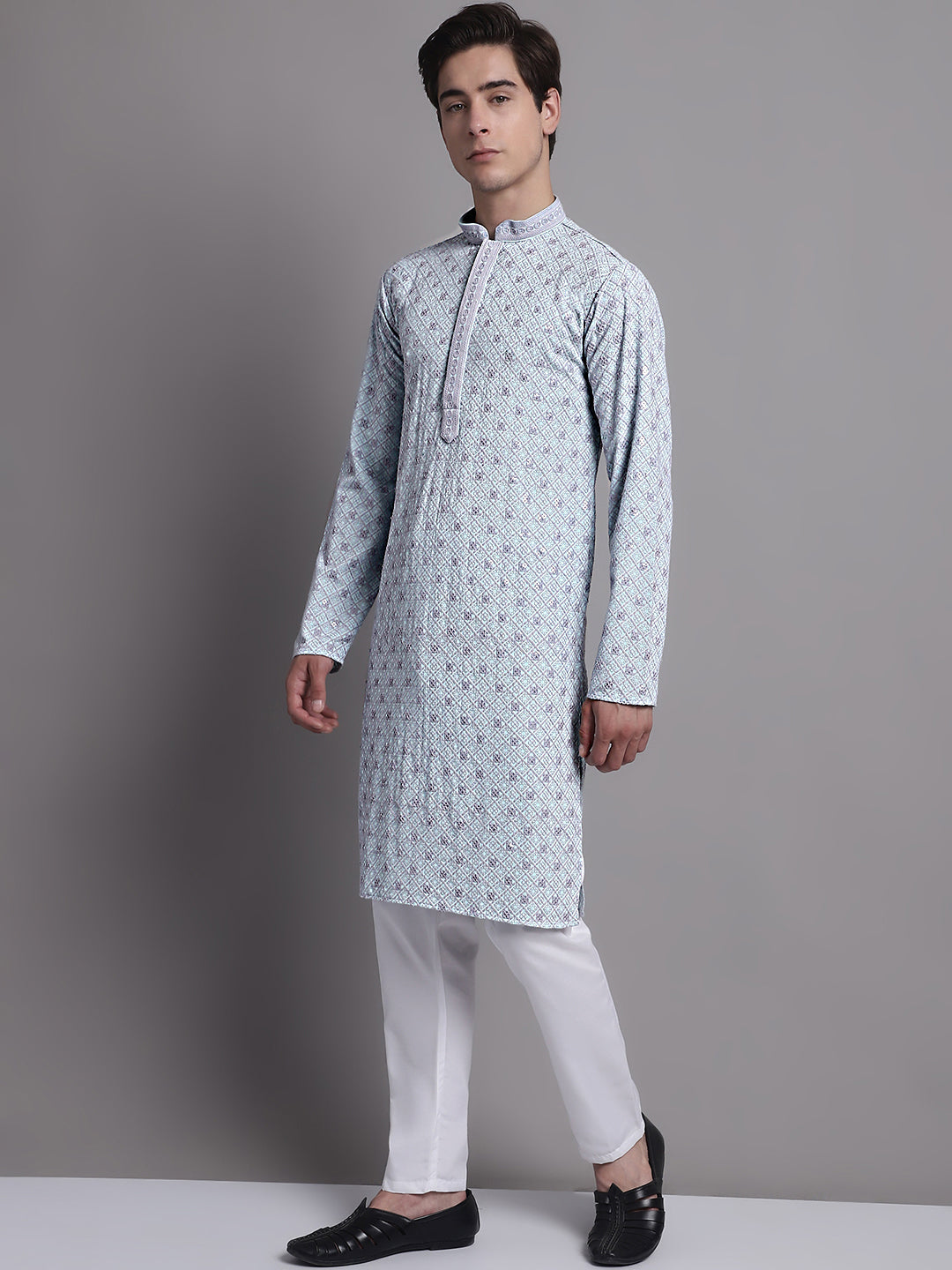 Jompers Men's Blue Chikankari Embroidered and Sequence Kurta with Pyjama - Distacart