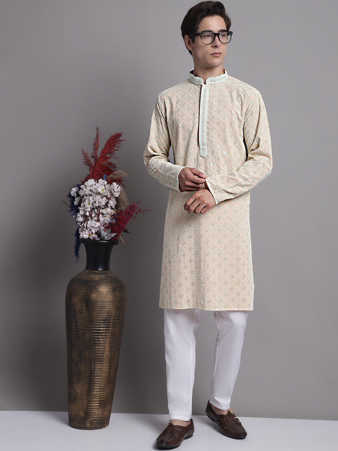 Jompers Men's Peach Chikankari Embroidered and Sequence Kurta with Pyjama - Distacart