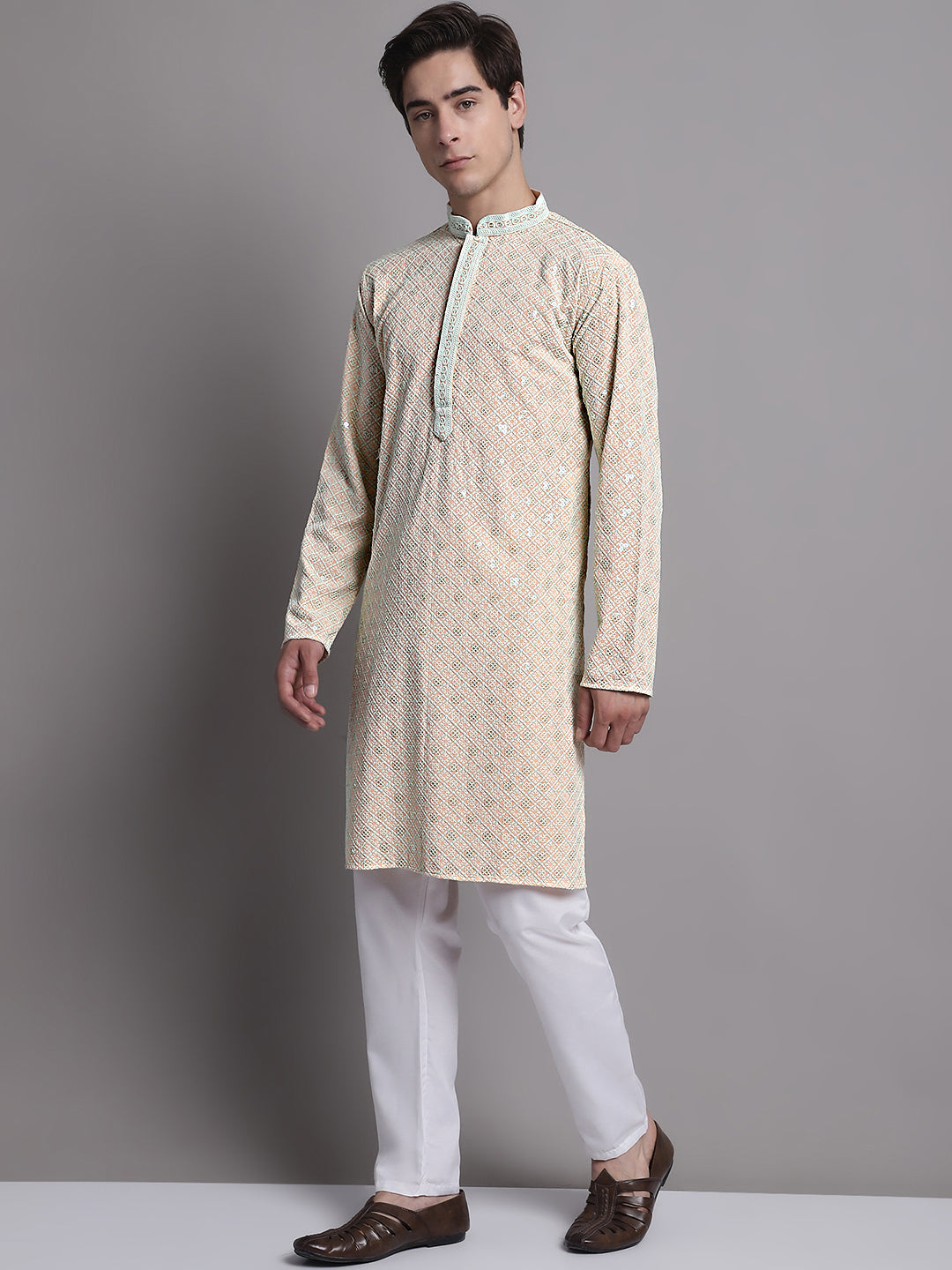 Jompers Men's Peach Chikankari Embroidered and Sequence Kurta with Pyjama - Distacart