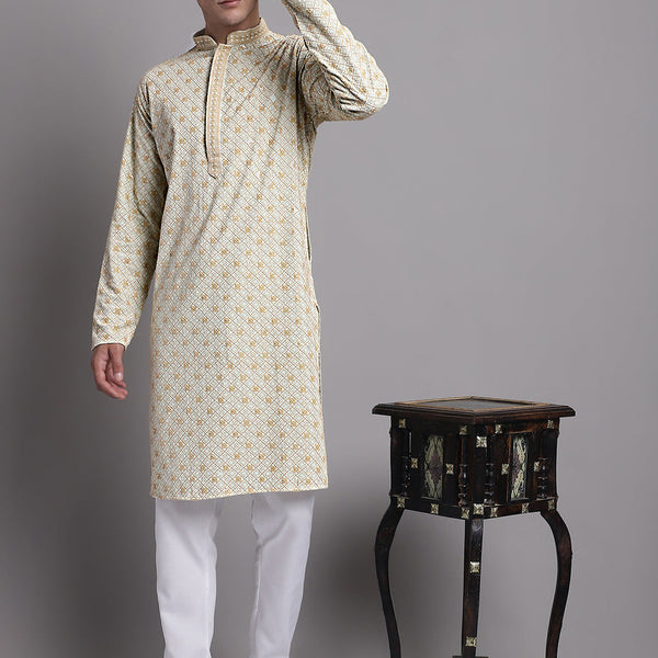 Jompers Men's Light Green Chikankari Embroidered and Sequence Kurta with Pyjama - Distacart