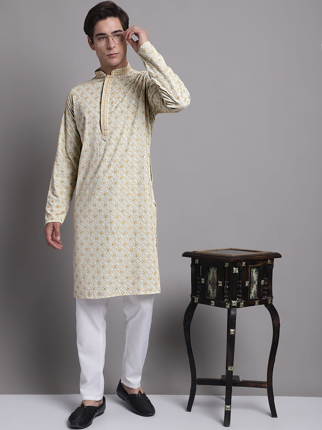 Jompers Men's Light Green Chikankari Embroidered and Sequence Kurta with Pyjama - Distacart