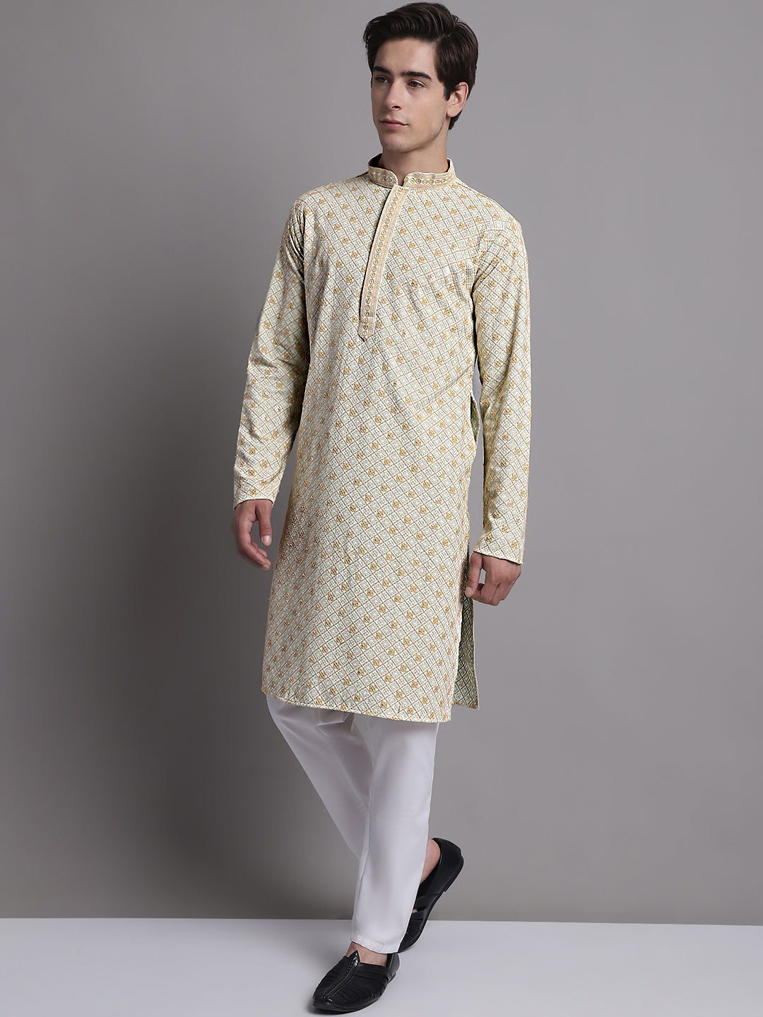 Jompers Men's Light Green Chikankari Embroidered and Sequence Kurta with Pyjama - Distacart