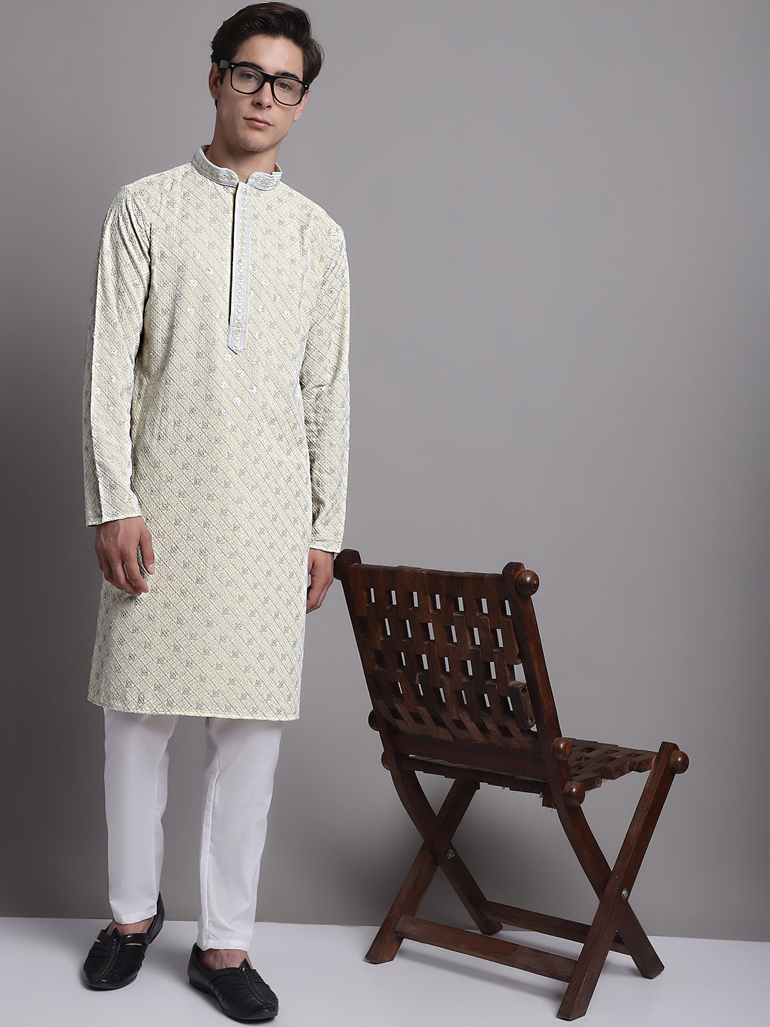 Jompers Men's Yellow Chikankari Embroidered and Sequence Kurta with Pyjama - Distacart