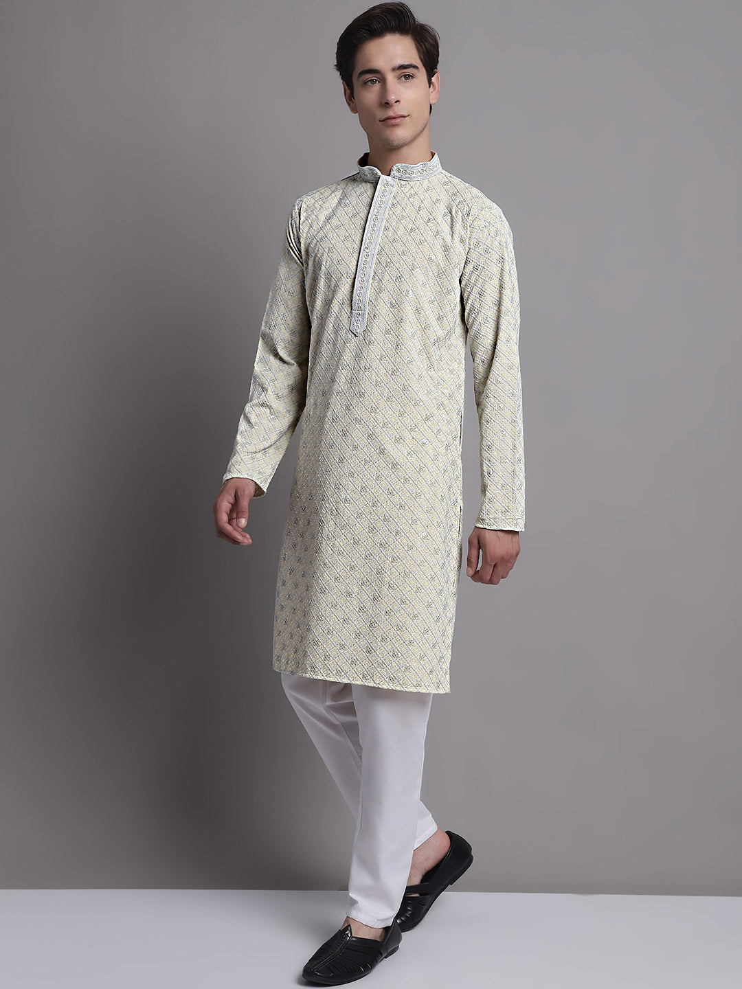 Jompers Men's Yellow Chikankari Embroidered and Sequence Kurta with Pyjama - Distacart