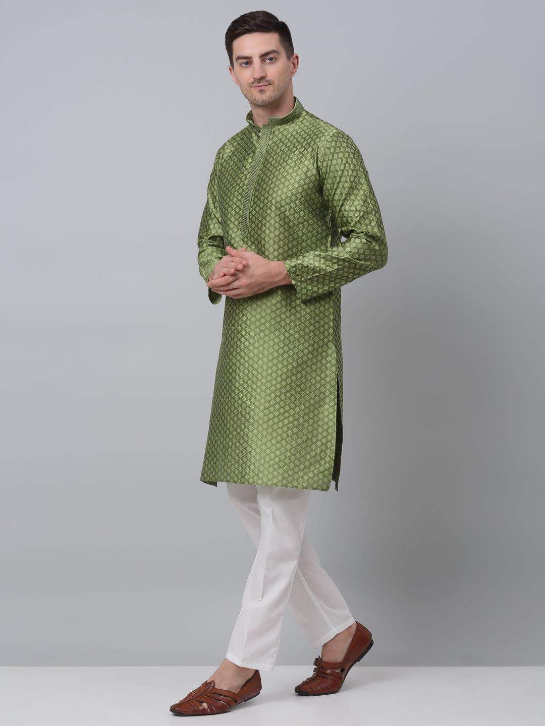 Jompers Men's Olive Green Collar Embroidered Kurta with Pyjama - Distacart