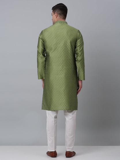 Jompers Men's Olive Green Collar Embroidered Kurta with Pyjama - Distacart