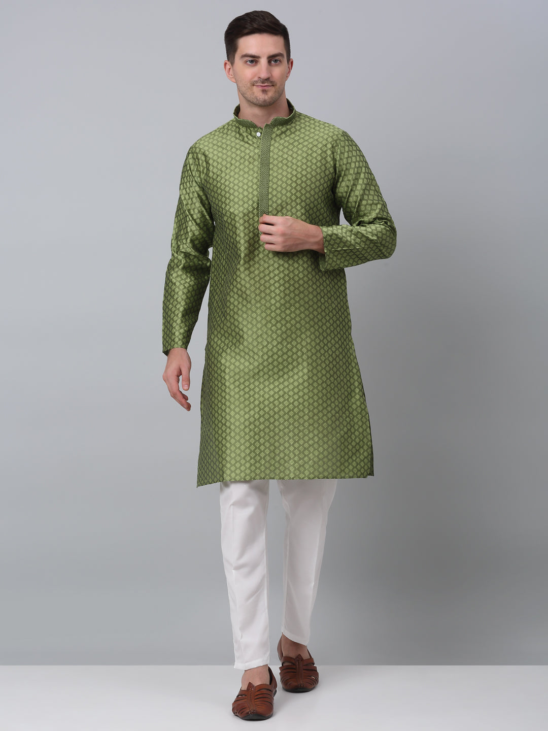 Jompers Men's Olive Green Collar Embroidered Kurta with Pyjama - Distacart