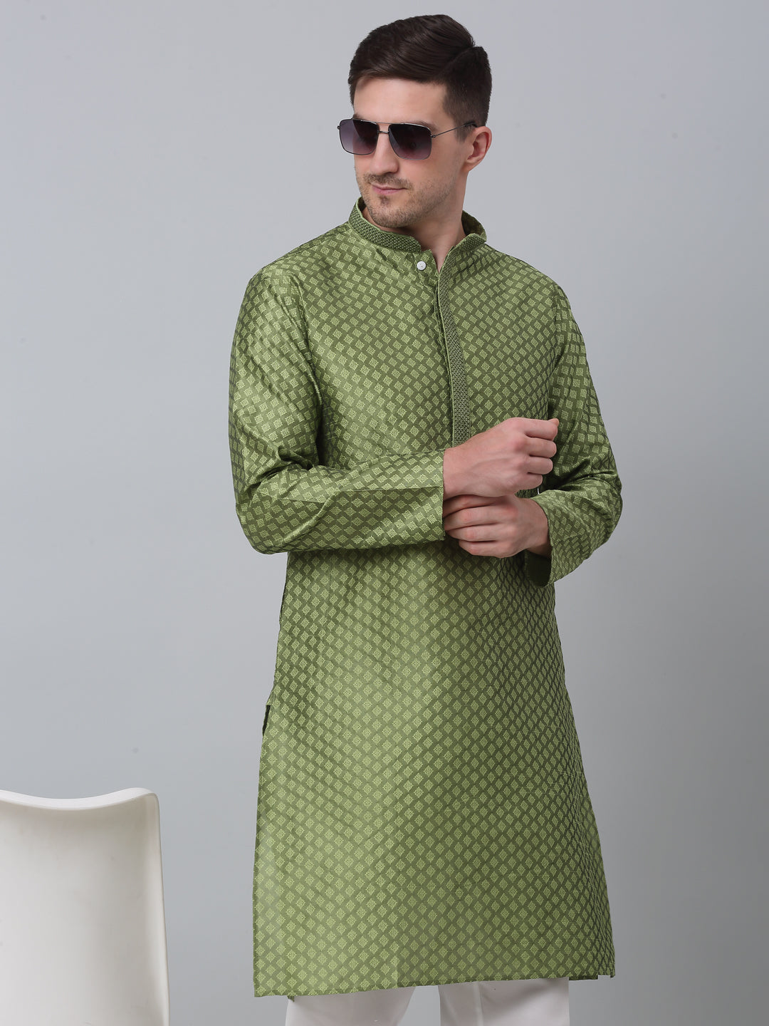Jompers Men's Olive Green Collar Embroidered Kurta with Pyjama - Distacart