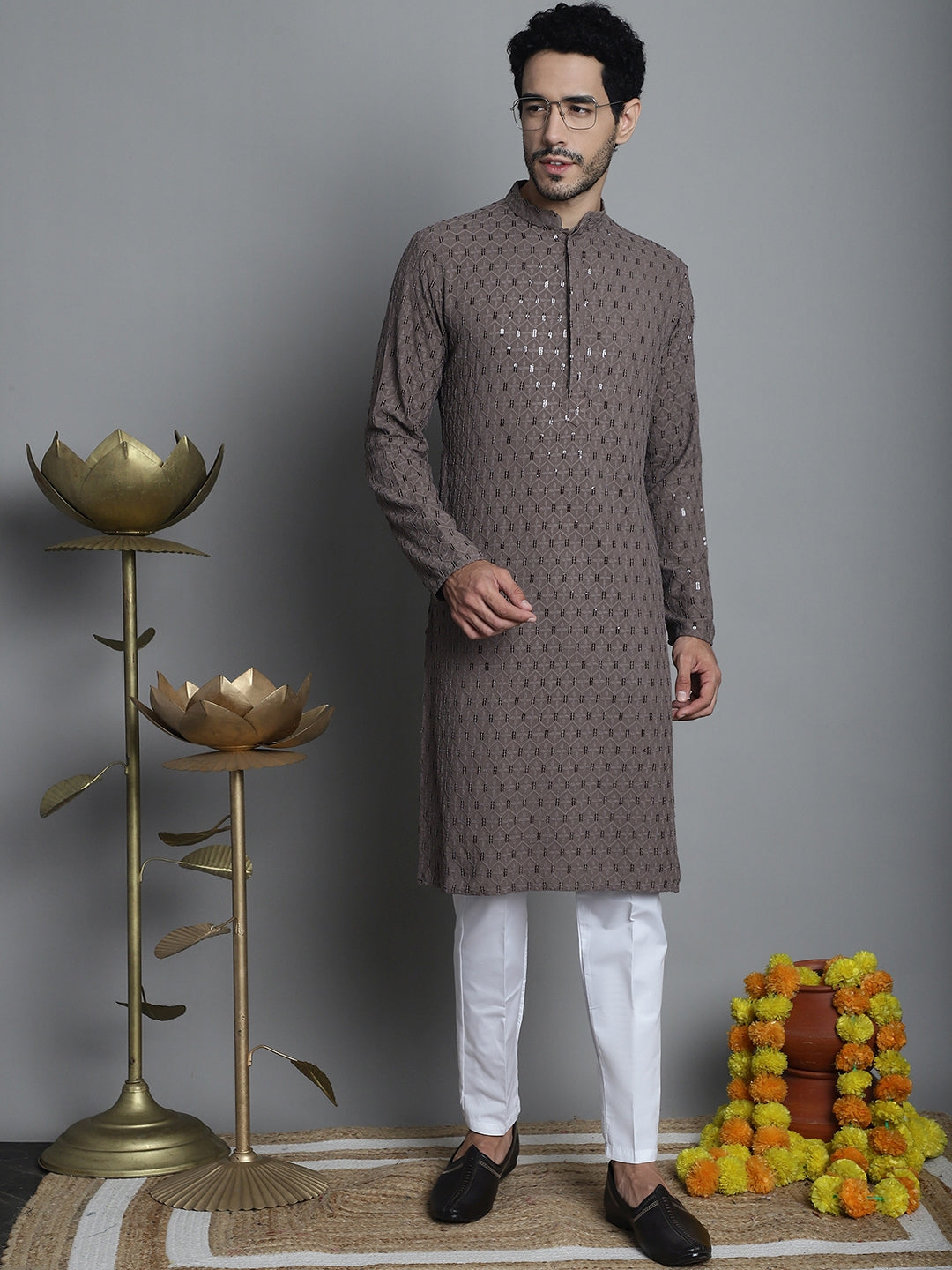 Jompers Men's Chikankari Embroidered and Sequence Kurta with Pyjama - Brown - Distacart