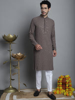 Thumbnail for Jompers Men's Chikankari Embroidered and Sequence Kurta with Pyjama - Brown - Distacart