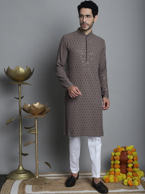 Jompers Men's Chikankari Embroidered and Sequence Kurta with Pyjama - Brown - Distacart