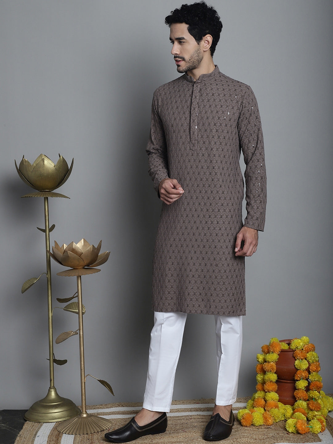 Jompers Men's Chikankari Embroidered and Sequence Kurta with Pyjama - Brown - Distacart