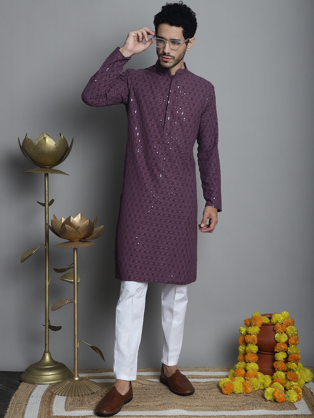 Jompers Men's Chikankari Embroidered and Sequence Kurta with Pyjama - Purple - Distacart