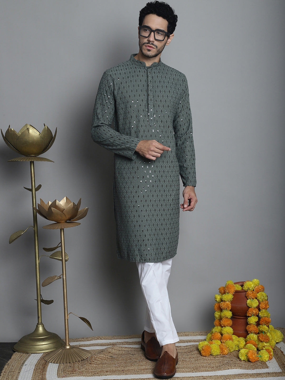 Jompers Men's Chikankari Embroidered and Sequence Kurta with Pyjama - Sea-Green - Distacart