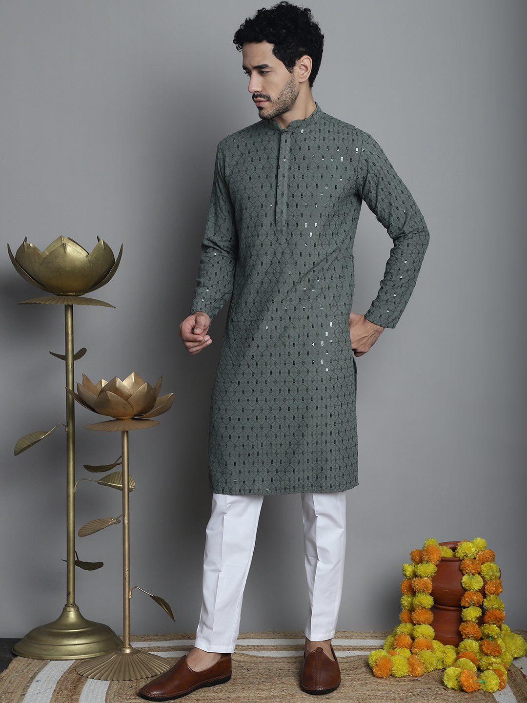 Jompers Men's Chikankari Embroidered and Sequence Kurta with Pyjama - Sea-Green - Distacart