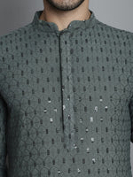 Thumbnail for Jompers Men's Chikankari Embroidered and Sequence Kurta with Pyjama - Sea-Green - Distacart