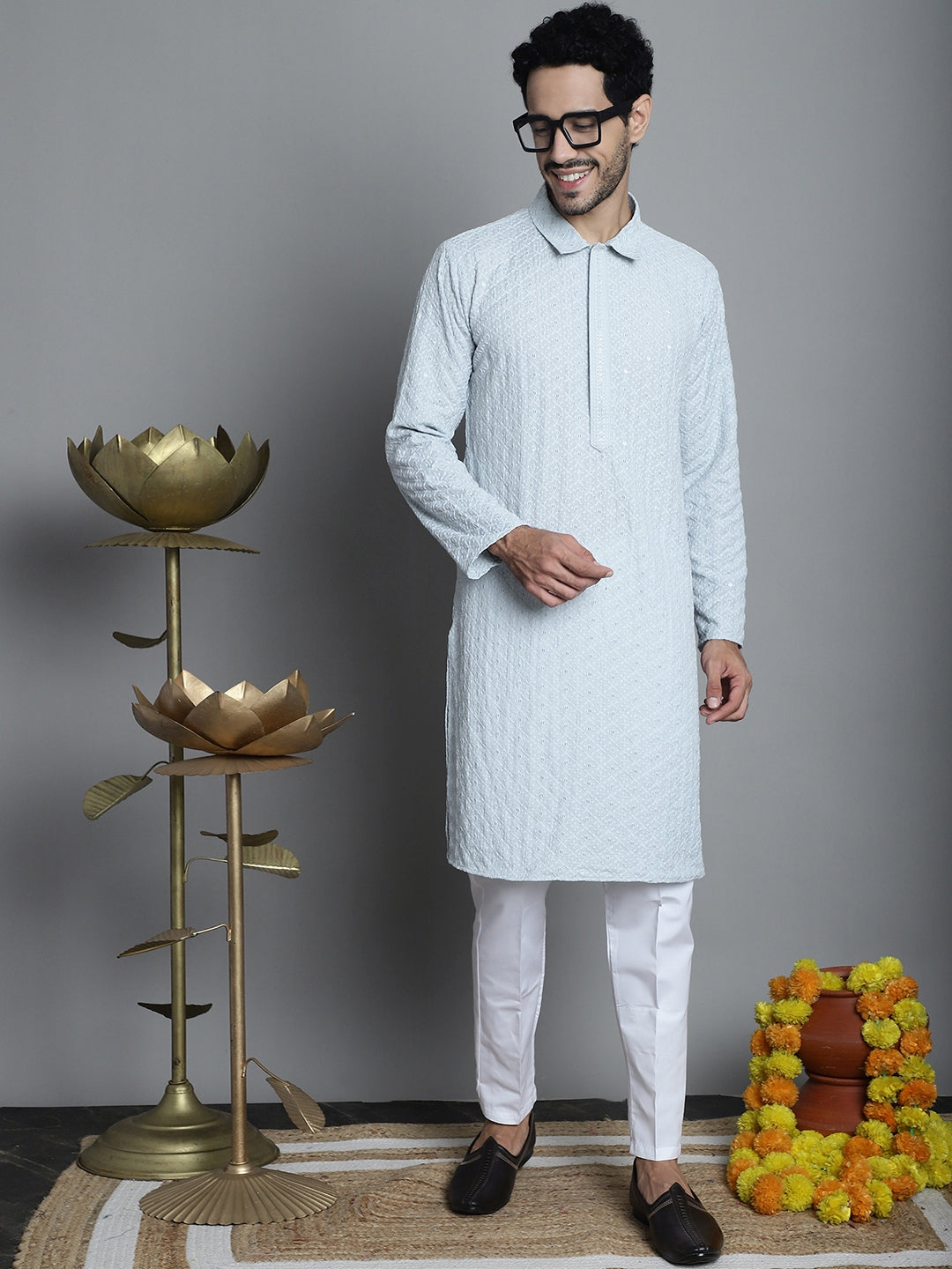 Jompers Men's Chikankari Embroidered and Sequence Kurta with Pyjama - Light-Grey - Distacart
