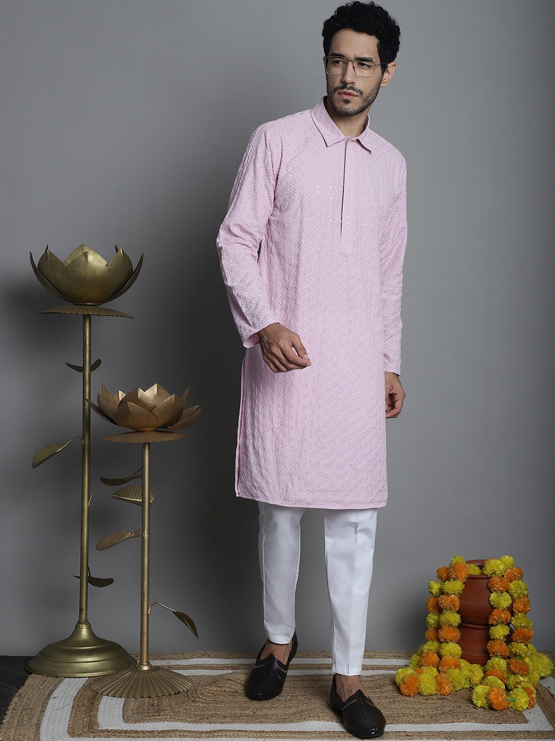 Jompers Men's Chikankari Embroidered and Sequence Kurta with Pyjama - Magenta - Distacart