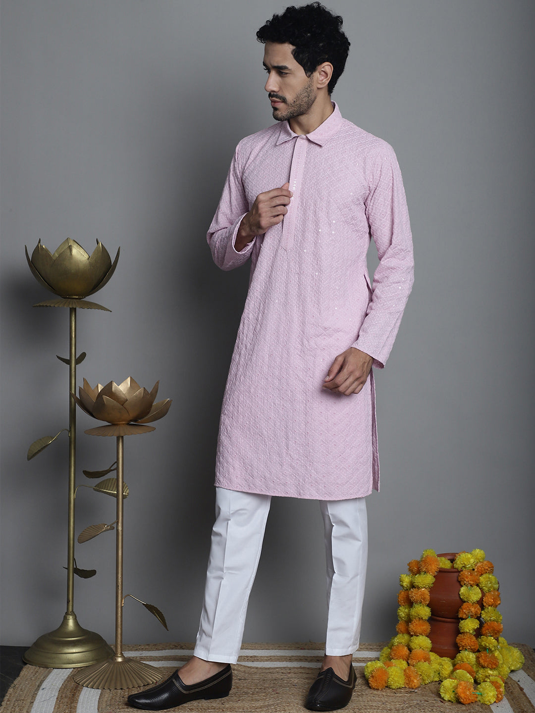 Jompers Men's Chikankari Embroidered and Sequence Kurta with Pyjama - Magenta - Distacart