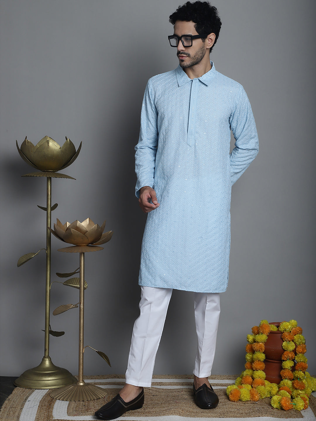 Jompers Men's Chikankari Embroidered and Sequence Kurta with Pyjama - Sky Blue - Distacart