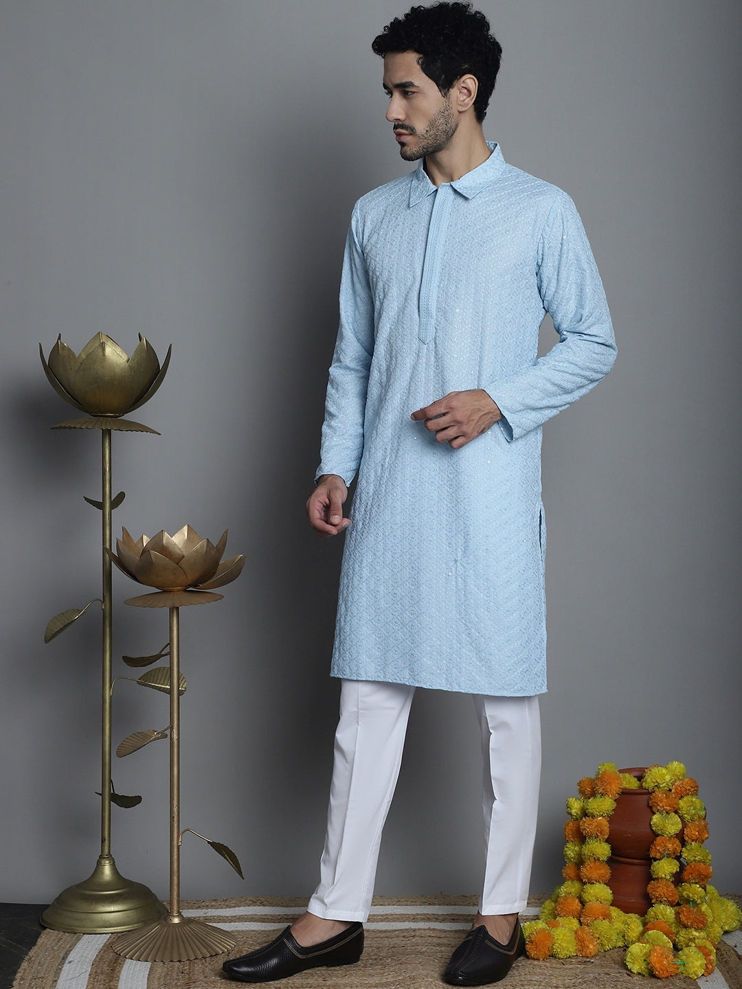 Jompers Men's Chikankari Embroidered and Sequence Kurta with Pyjama - Sky Blue - Distacart