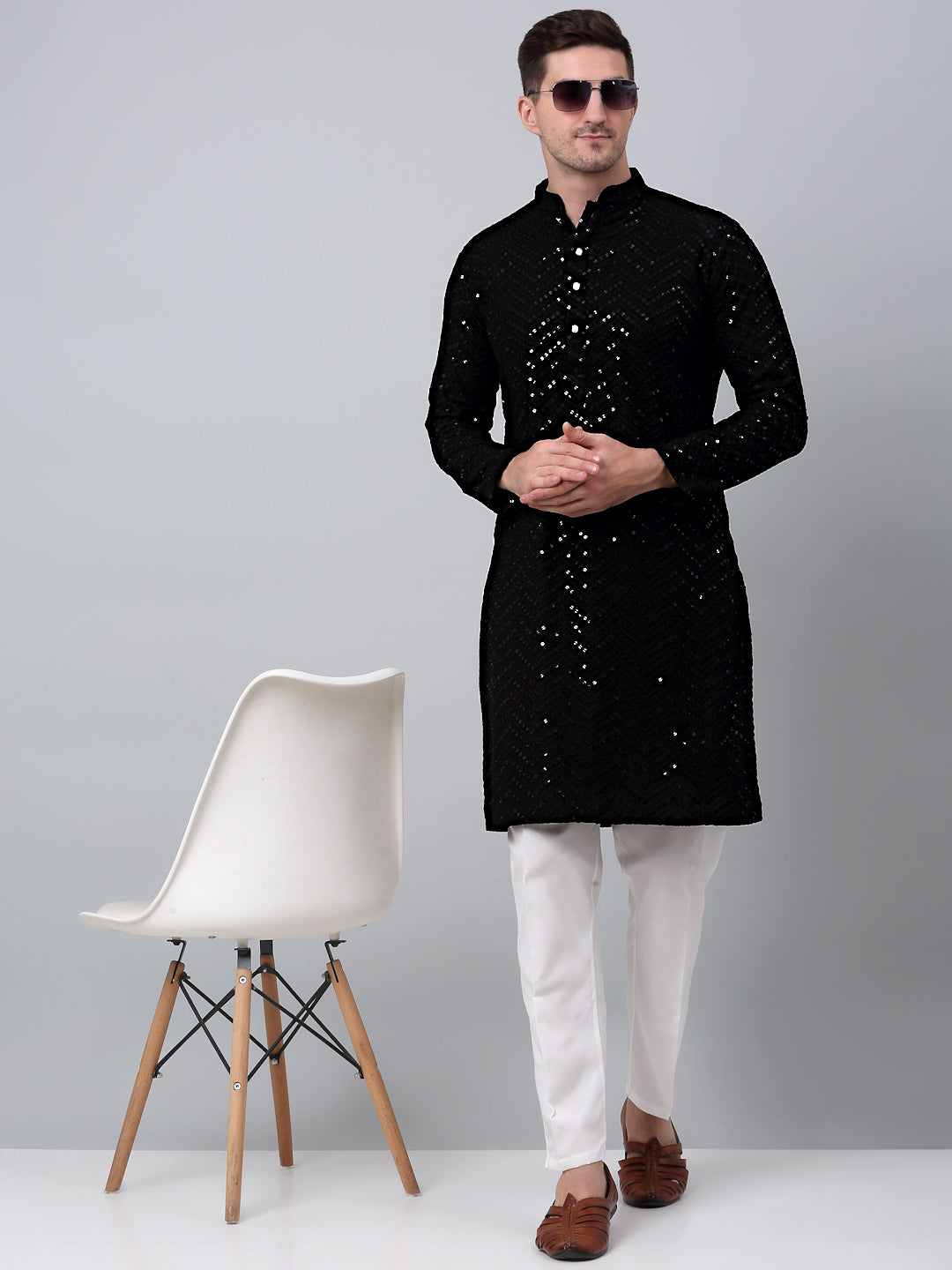 Jompers Men's Black Embroidered Sequinned Kurta with Churidar - Distacart