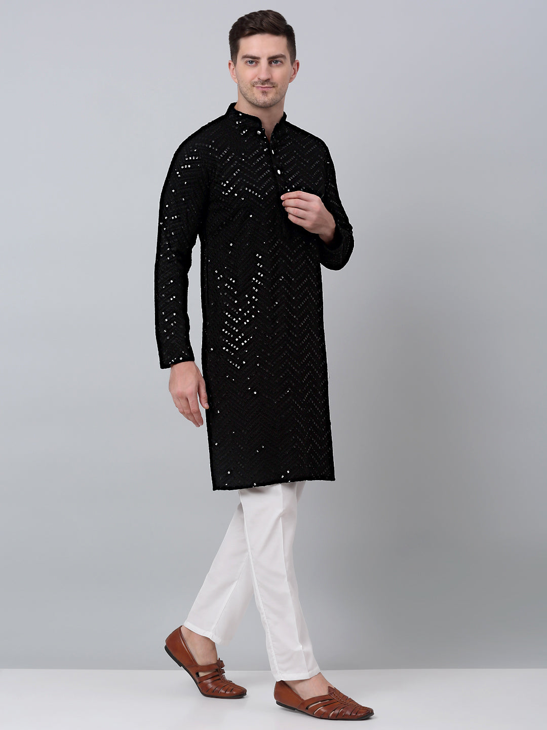 Jompers Men's Black Embroidered Sequinned Kurta with Churidar - Distacart