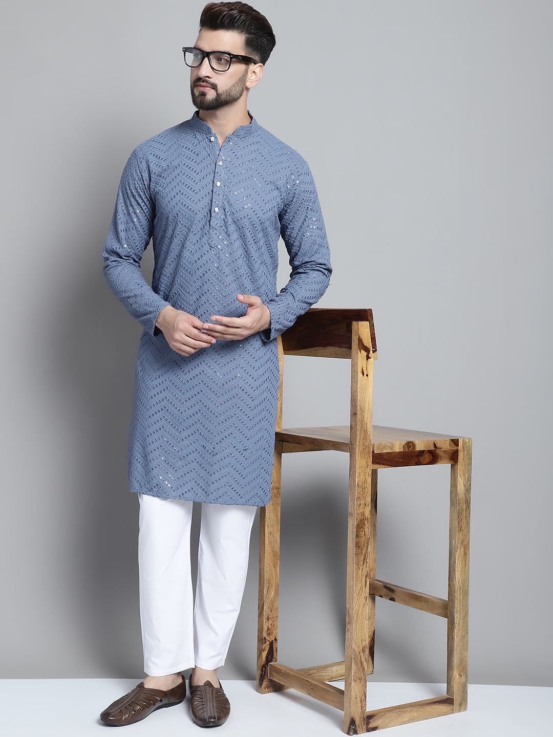 Jompers Men's Grey Embroidered Sequinned Kurta with Pyjama - Distacart