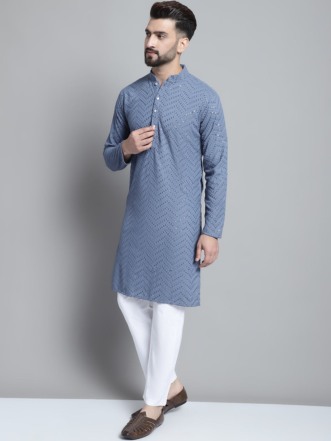 Jompers Men's Grey Embroidered Sequinned Kurta with Pyjama - Distacart
