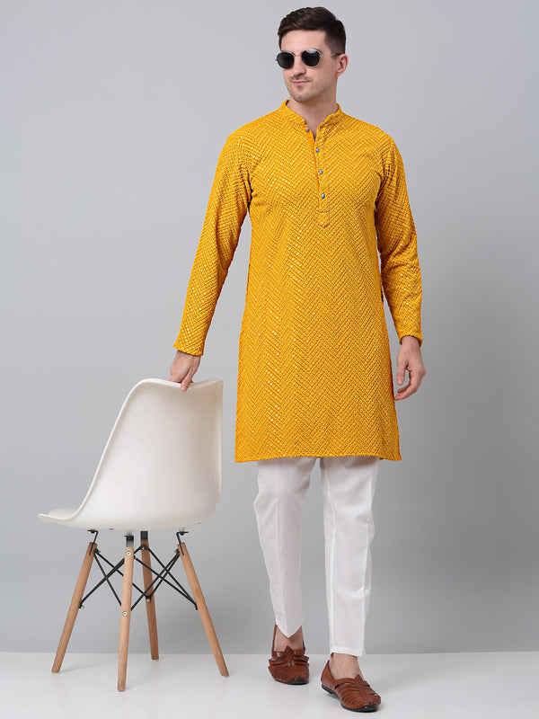 Jompers Men's Mustard Embroidered Sequinned Kurta with Churidar - Distacart