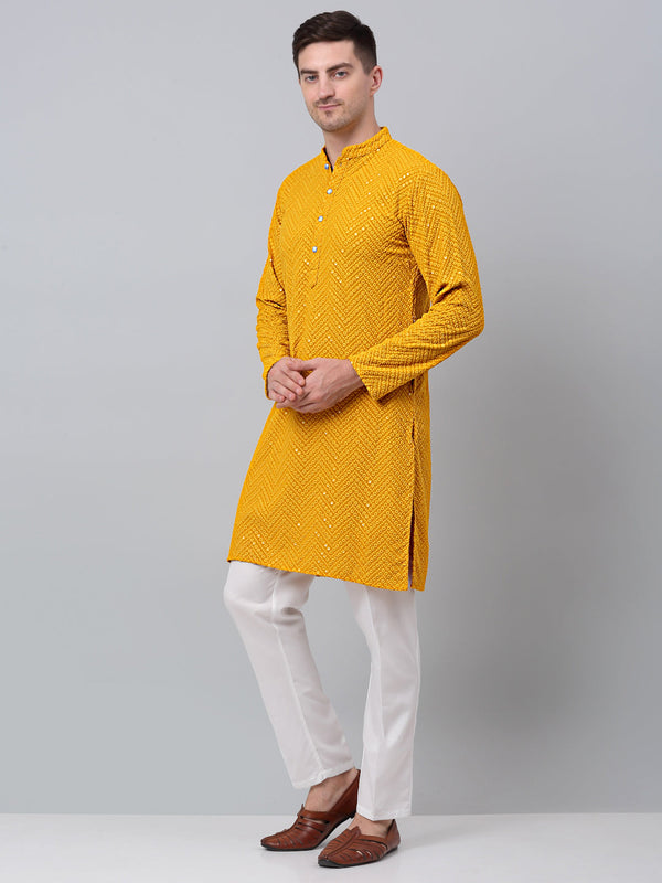 Jompers Men's Mustard Embroidered Sequinned Kurta with Churidar - Distacart
