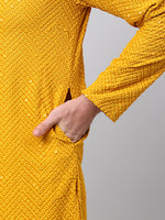 Thumbnail for Jompers Men's Mustard Embroidered Sequinned Kurta with Churidar - Distacart