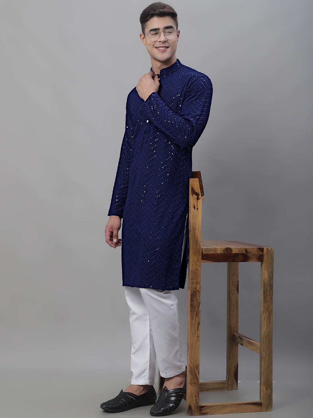 Jompers Men's Navy Blue Embroidered Sequinned Kurta with Churidar - Distacart