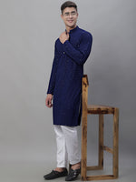 Thumbnail for Jompers Men's Navy Blue Embroidered Sequinned Kurta with Churidar - Distacart