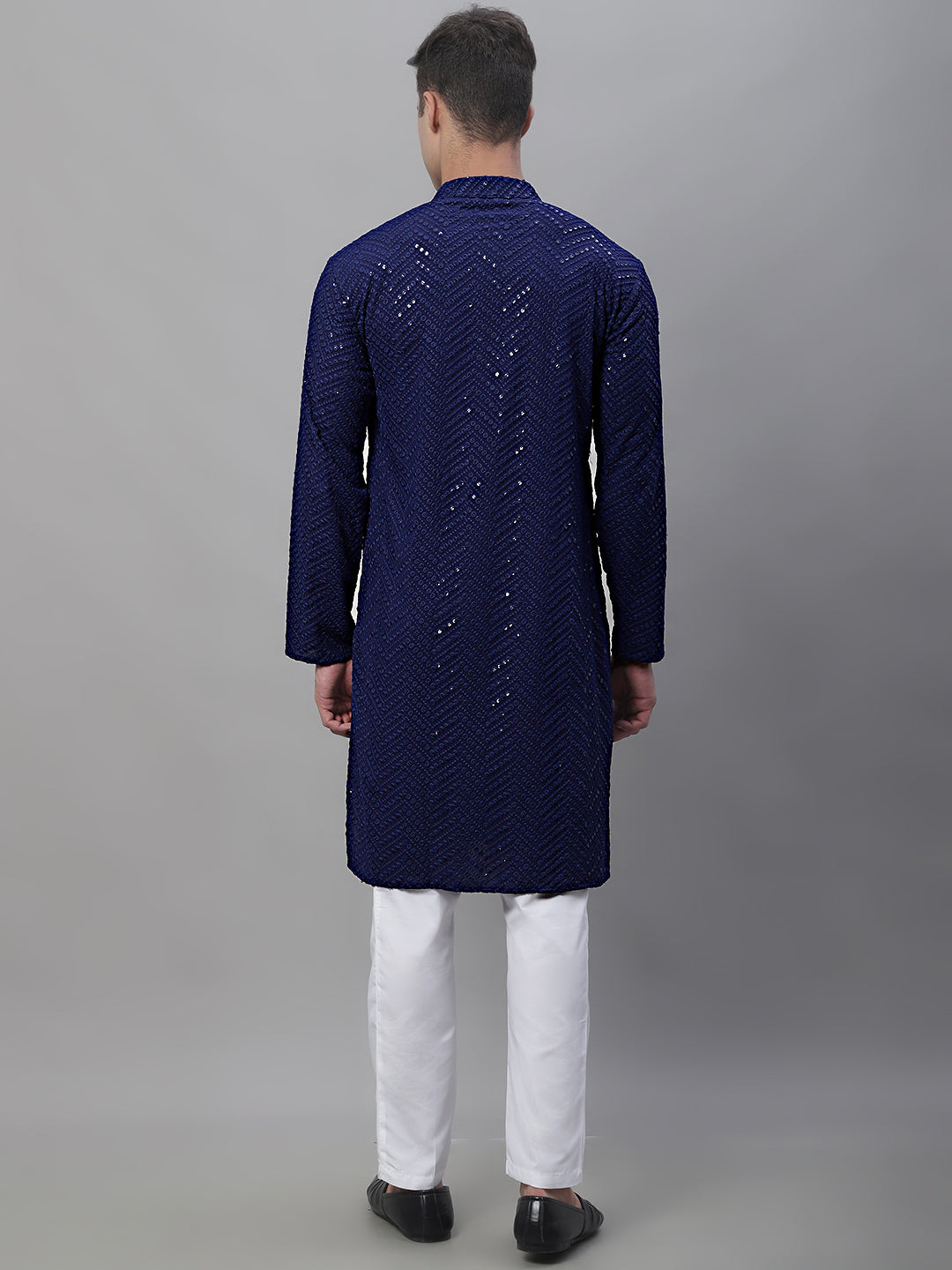 Jompers Men's Navy Blue Embroidered Sequinned Kurta with Churidar - Distacart