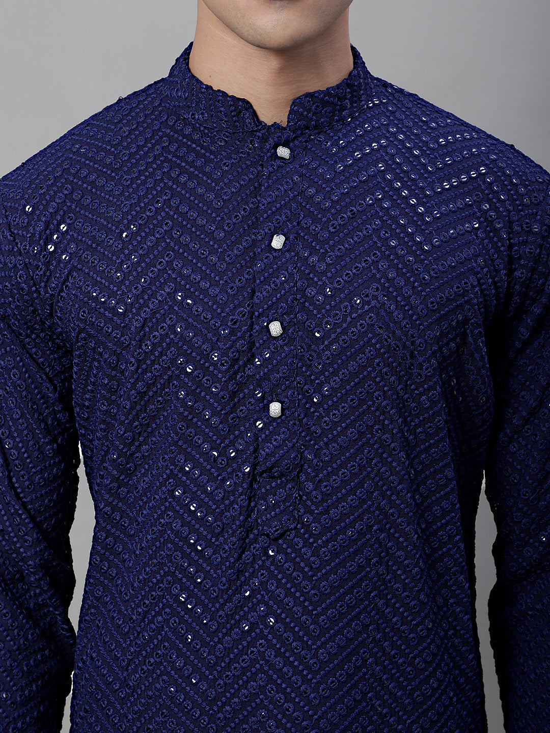 Jompers Men's Navy Blue Embroidered Sequinned Kurta with Churidar - Distacart