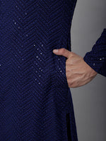 Thumbnail for Jompers Men's Navy Blue Embroidered Sequinned Kurta with Churidar - Distacart