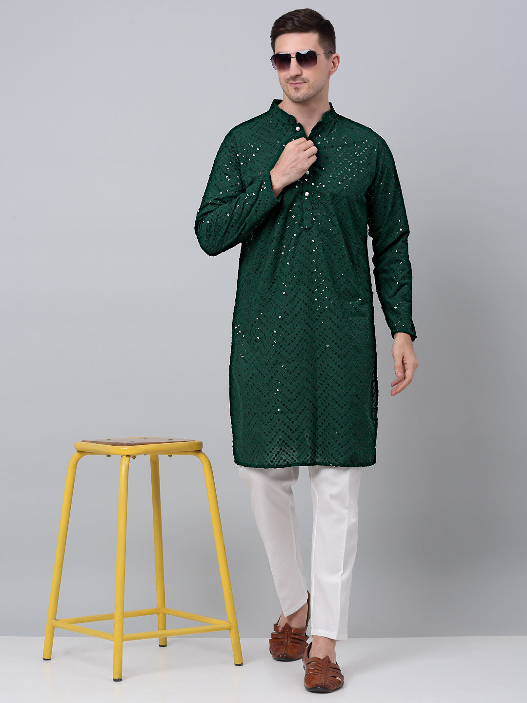 Jompers Men's Olive Green Embroidered Sequinned Kurta with Churidar - Distacart