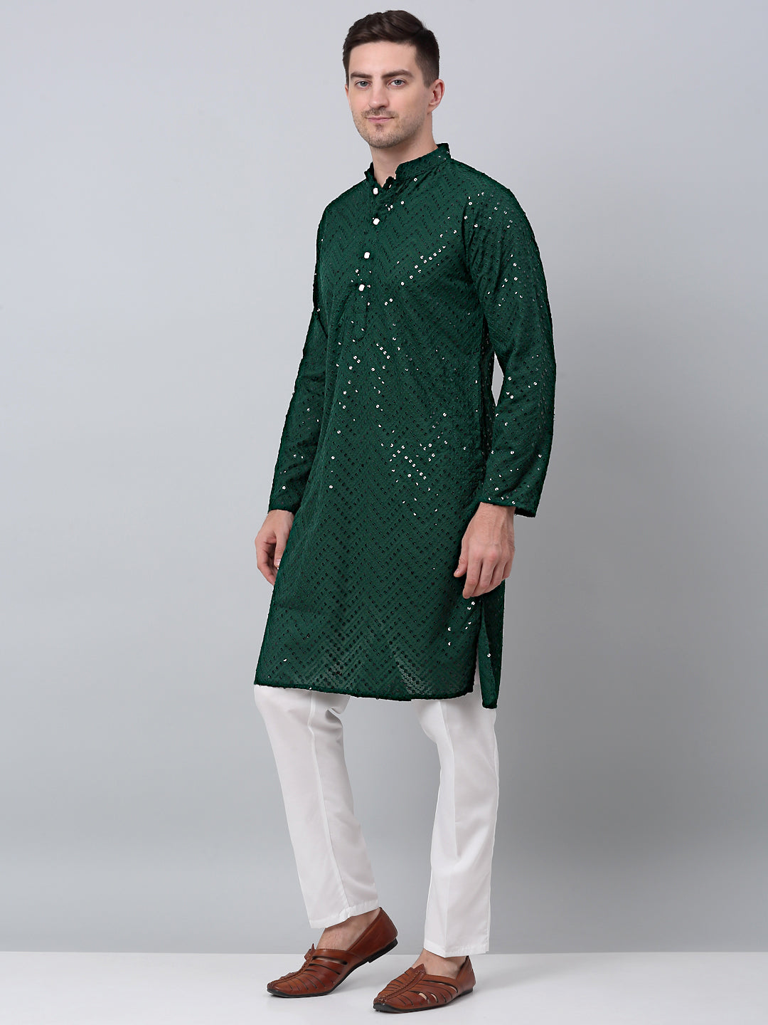 Jompers Men's Olive Green Embroidered Sequinned Kurta with Churidar - Distacart
