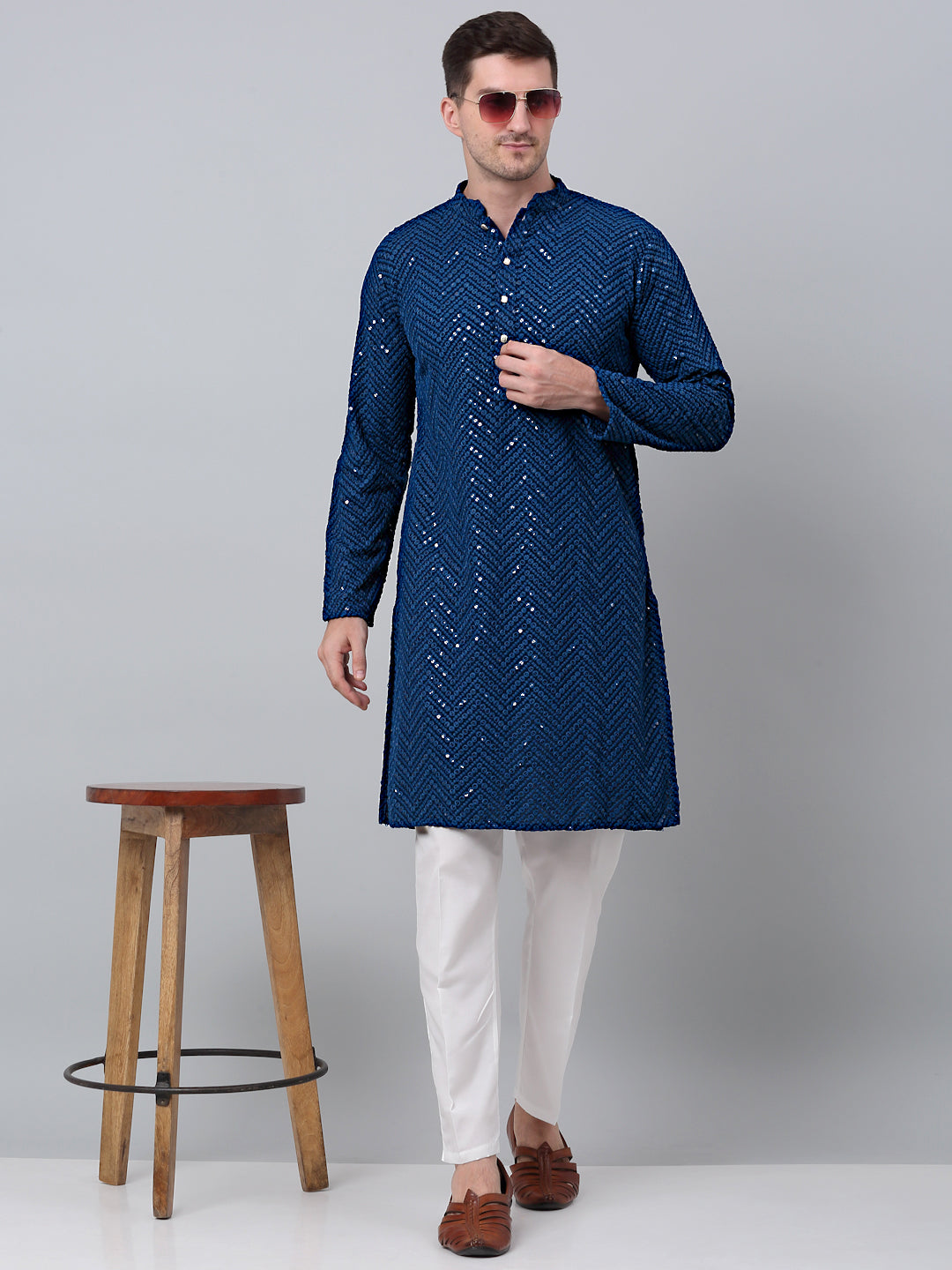 Jompers Men's Peacock Blue Embroidered Sequinned Kurta with Churidar - Distacart