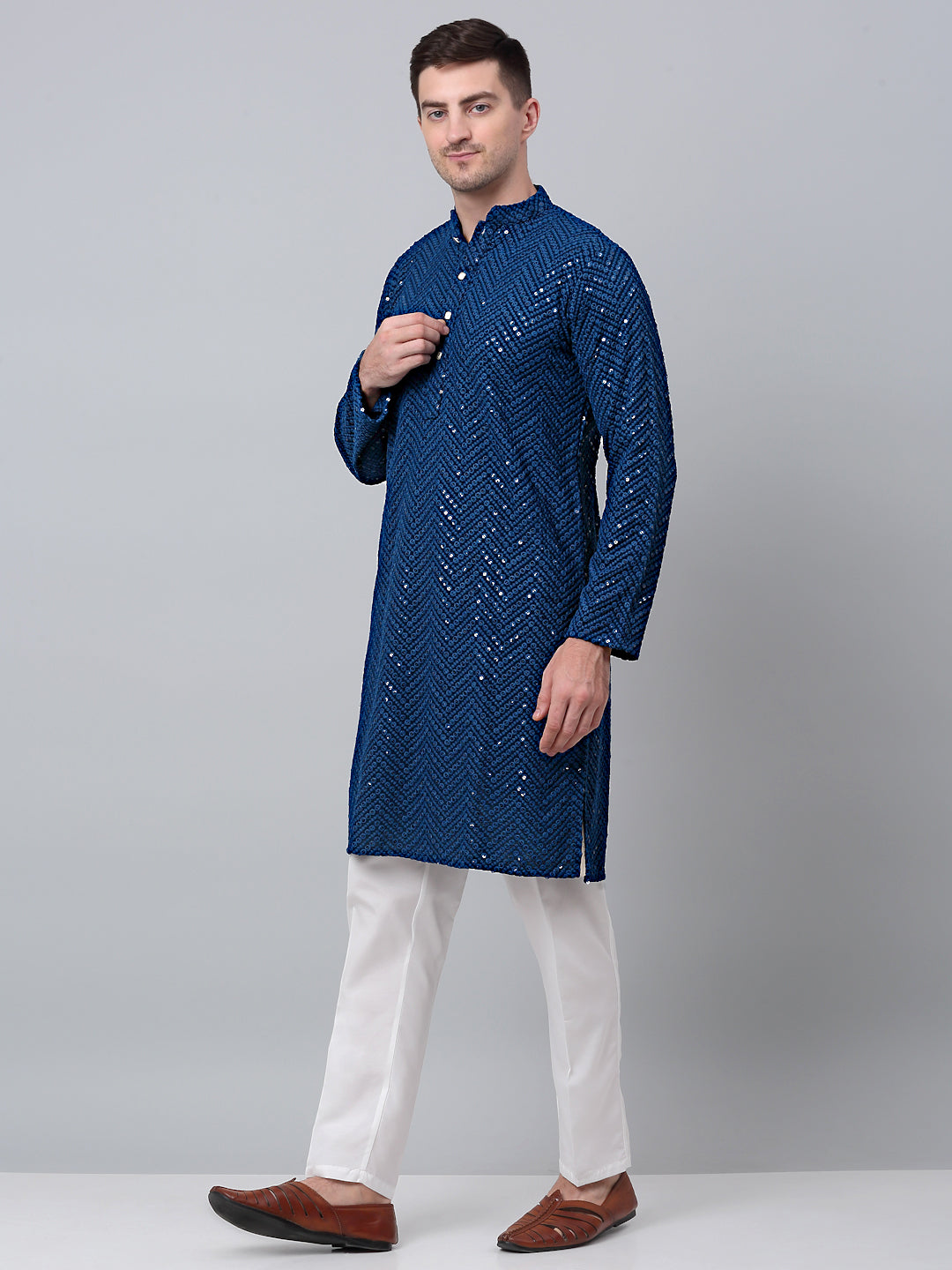 Jompers Men's Peacock Blue Embroidered Sequinned Kurta with Churidar - Distacart