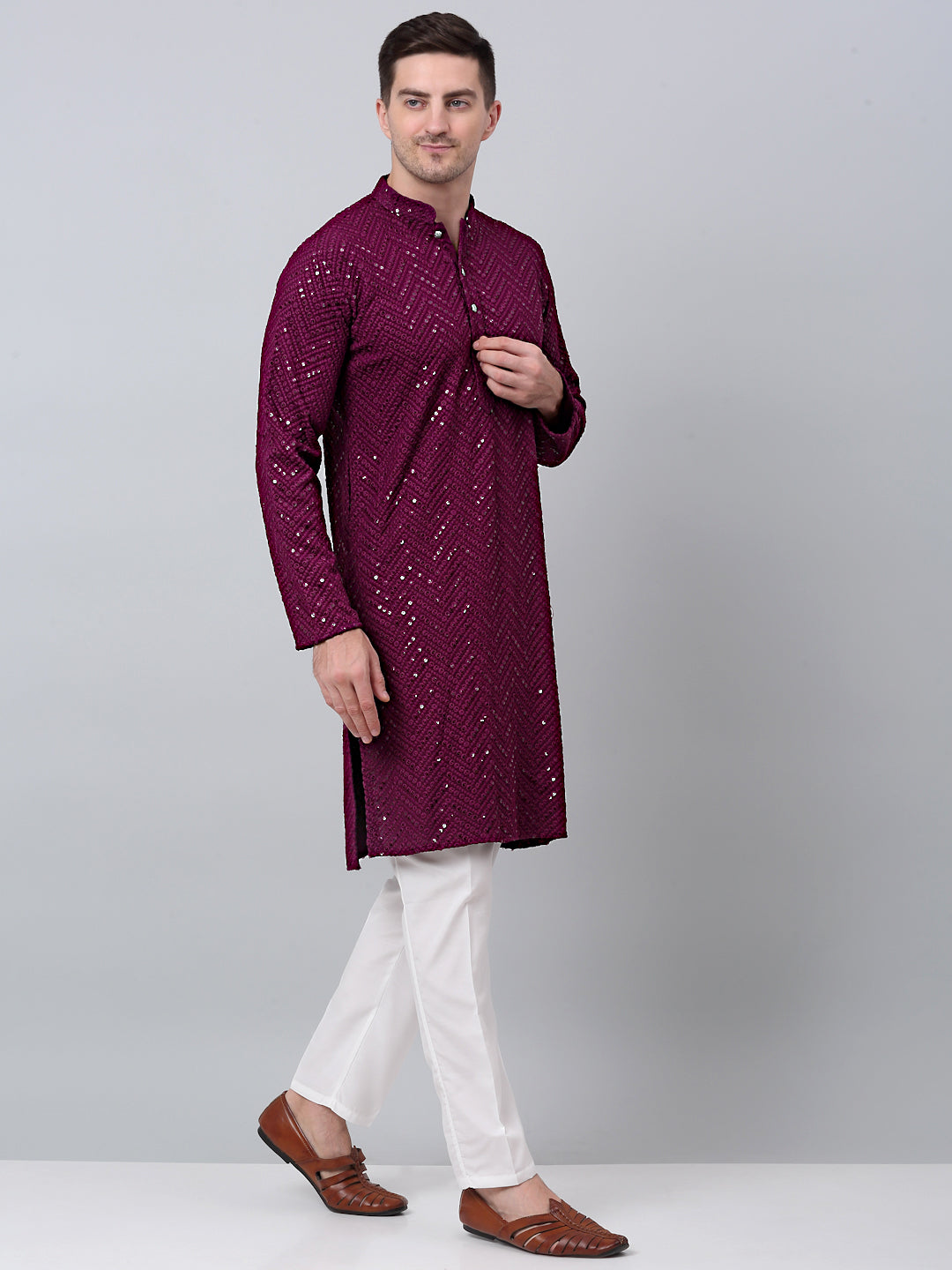 Jompers Men's Purple Embroidered Sequinned Kurta with Churidar - Distacart