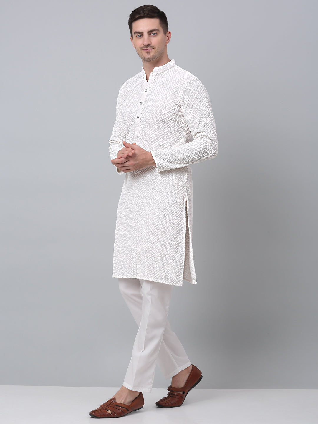 Jompers Men's White Embroidered Sequinned Kurta with Churidar - Distacart