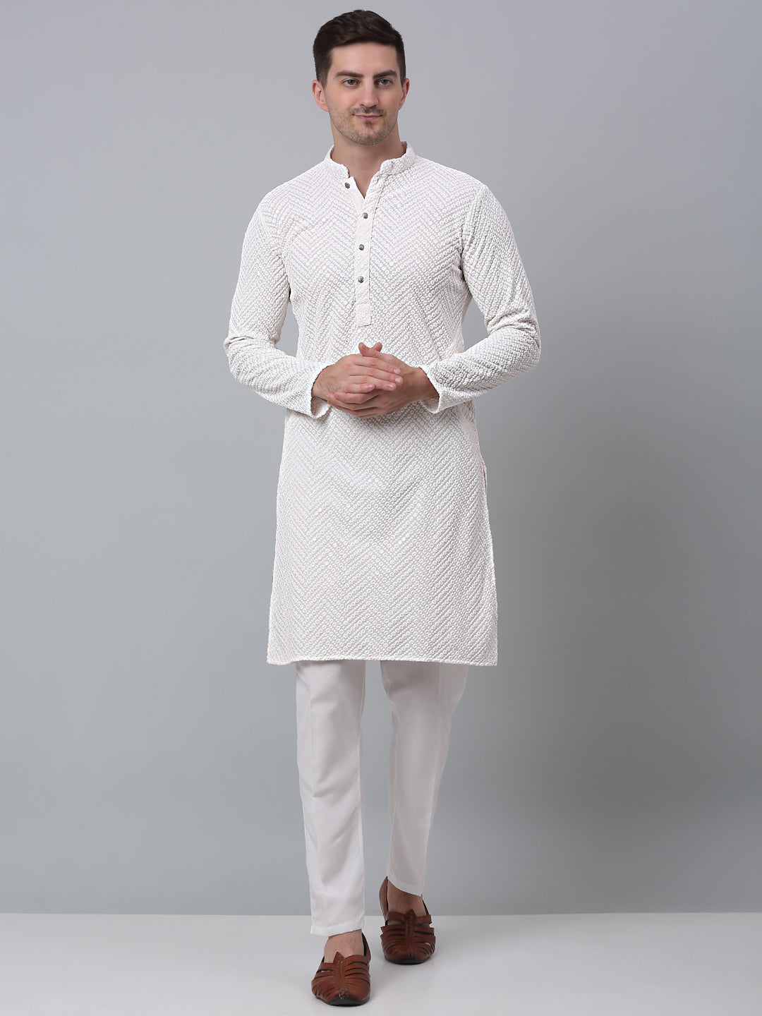 Jompers Men's White Embroidered Sequinned Kurta with Churidar - Distacart