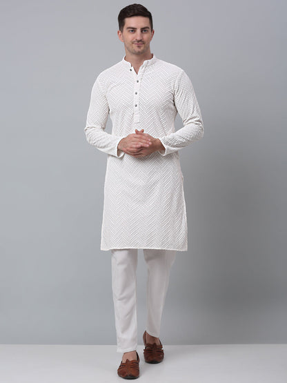 Jompers Men's White Embroidered Sequinned Kurta with Churidar - Distacart